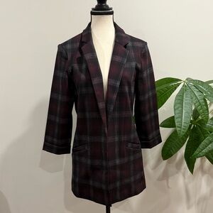 Le Château Burgundy & Black Plaid Longline Blazer – Size M